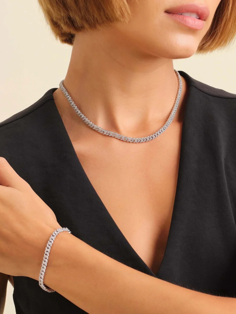 Silver Cuban Pave’ Necklace & Bracelet Set